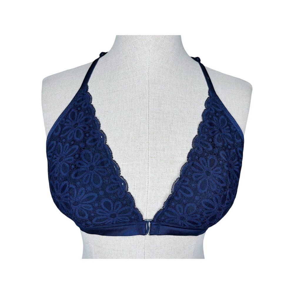 Victoria's Secret Bralette sz L * Navy Blue Racerback Lace Overlay Lined Pads